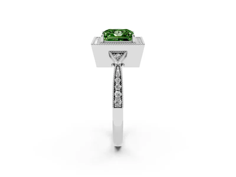 Fancy Green Princess Cut Diamond Halo Engagement Ring Set in Silver with Milgrain Pavé Band