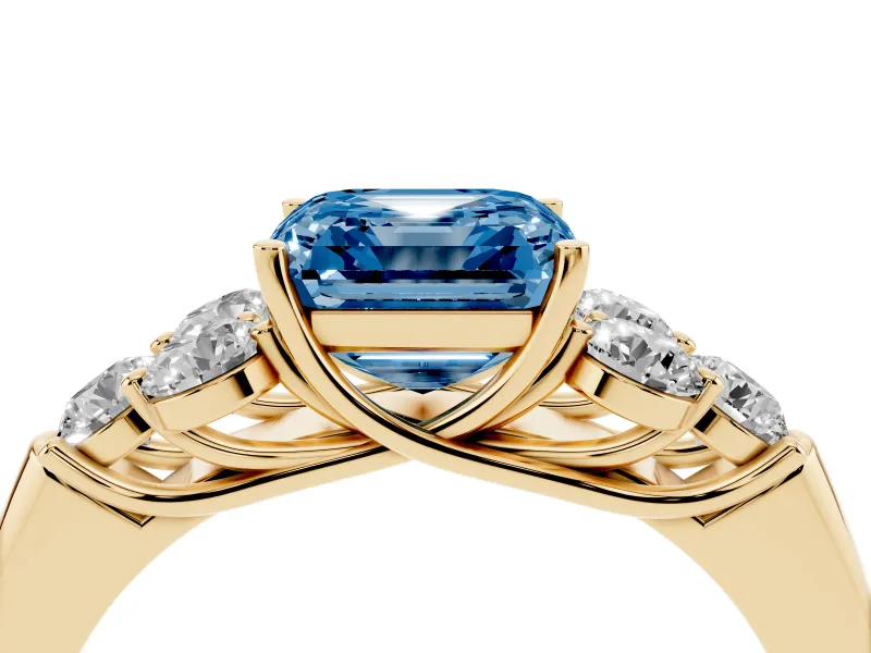 Fancy Blue Asscher Cut Diamond Cluster Ring Set in Yellow gold with Round Accent Stones and Prong Setting on a Plain Band