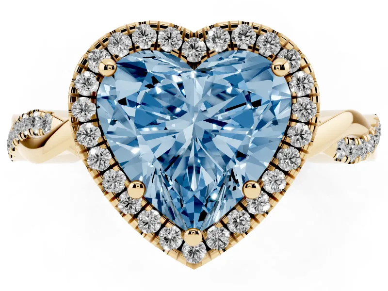 Fancy Blue Heart Cut Diamond Halo Twisted Band Ring Set in Yellow gold with Prong Setting