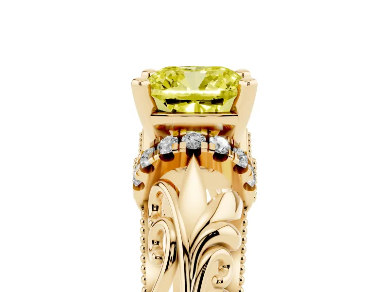 Cushion Cut Filigree Engagement Ring Setting for a Fancy Yellow Lab-Grown Diamond | Yellow Gold