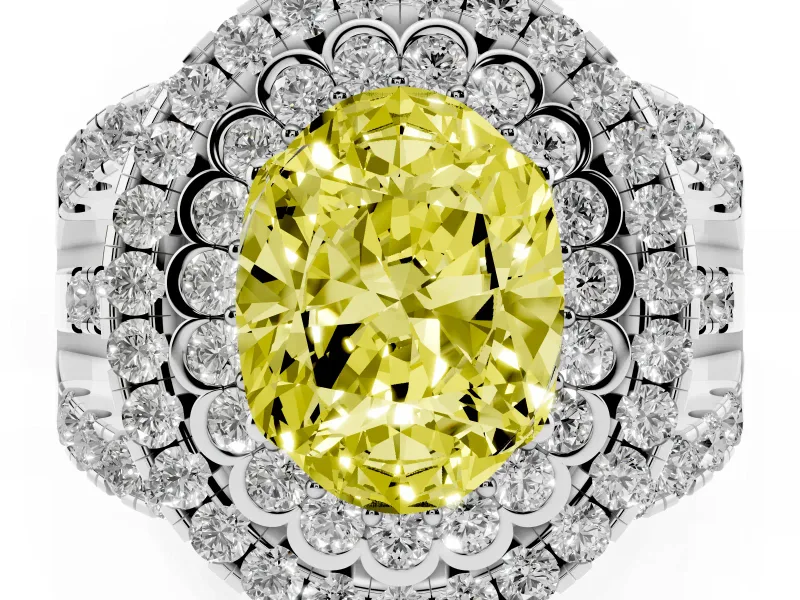 Oval Double Halo Split Shank Engagement Ring Setting for a Fancy Yellow Lab-Grown Diamond | Pave Strands | Platinum