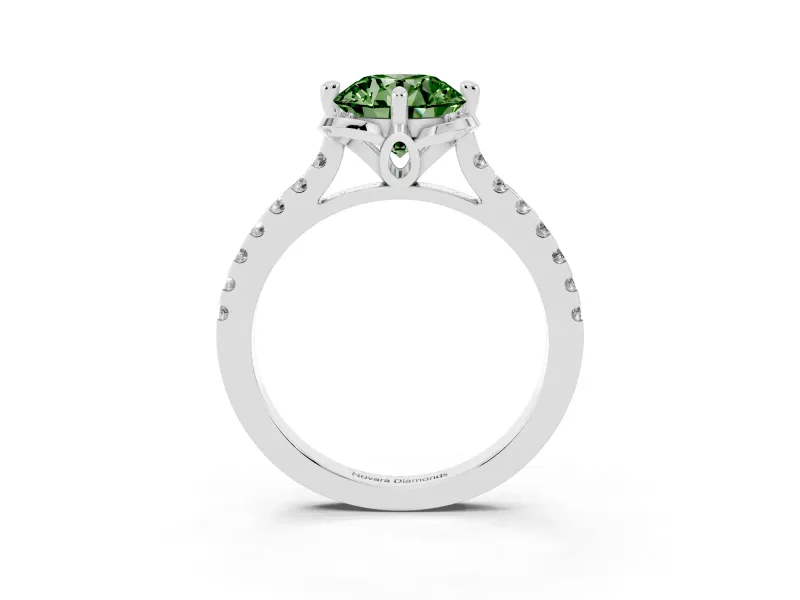 Round Floral Engagement Ring Setting for a Fancy Green Lab-Grown Diamond | Pavé Band | White Gold