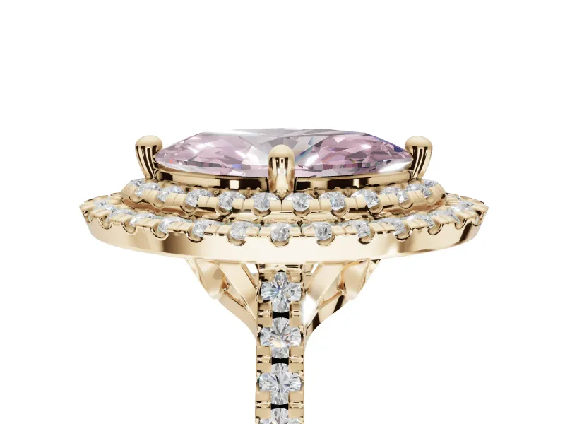 Marquise Double Halo Engagement Ring Setting for a Fancy Pink Lab-Grown Diamond | Pave Shoulders | Yellow Gold
