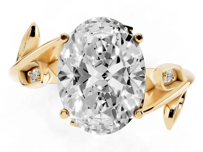 Oval Cut Diamond Solitaire Twist Engagement Ring Set in Yellow gold with Pavé Leaf Accents