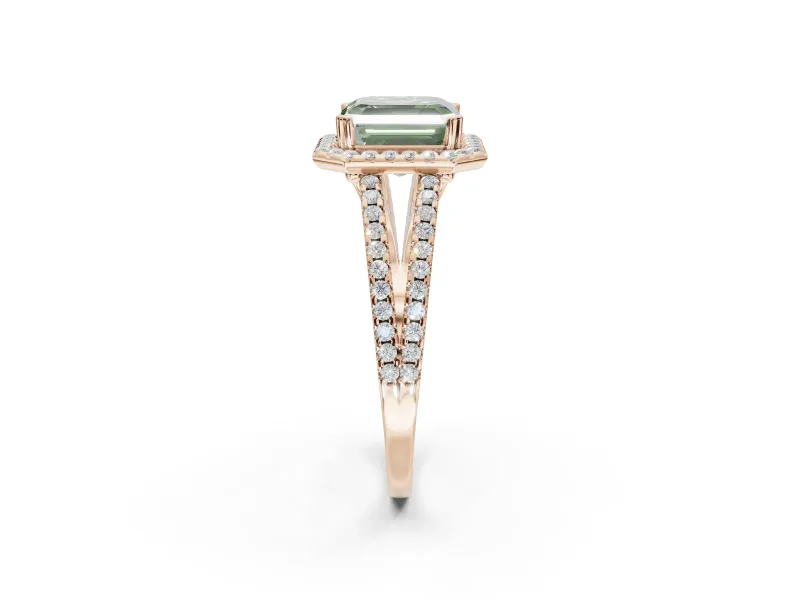 Asscher Cut Halo Split Shank Engagement Ring Setting for a Fancy Green Lab-Grown Diamond | Pavé Shoulders | Rose Gold