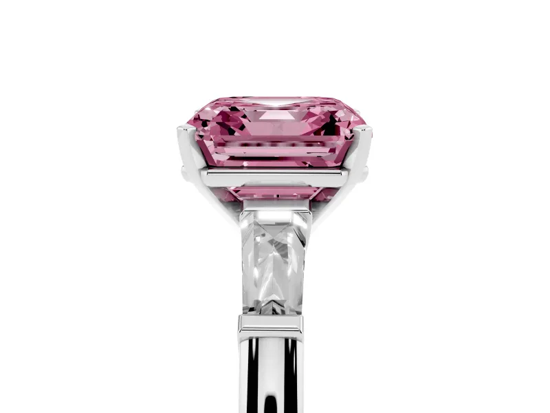 Fancy Pink Asscher Cut Diamond Solitaire Ring Set in Platinum with Tapered Baguette Side Stones and Prong Setting