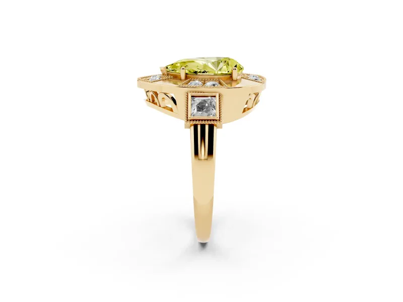 Fancy Yellow Pear Cut Diamond Milgrain Halo Ring Set in Yellow gold with Split Shank