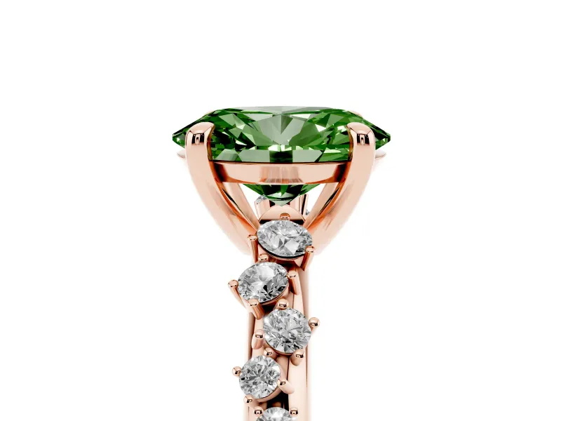 Fancy Green Oval Cut Diamond Solitaire Vine Band Ring Set in Rose gold with Round Accents and Prong Setting