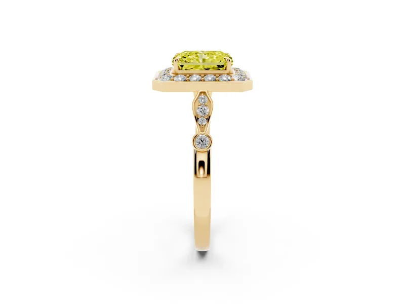 Radiant Cut Halo Engagement Ring Setting for a Fancy Yellow Lab-Grown Diamond | Bezel Station Shoulders | Yellow Gold