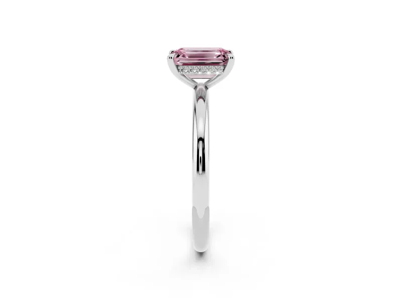 Fancy Pink Emerald Cut Diamond Solitaire Ring Set in Silver with Thin Band and Prong Setting