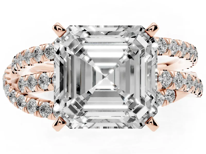 Asscher Cut Diamond Solitaire Twist Band Ring Set in Rose gold with Pavé Setting and Prong Head