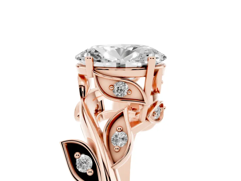 Oval Cut Diamond Solitaire Twist Engagement Ring Set in Rose gold with Pavé Leaf Accents