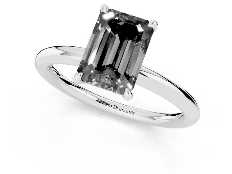 Fancy Black Emerald Cut Diamond Solitaire Ring Set in Silver with Thin Band and Prong Setting