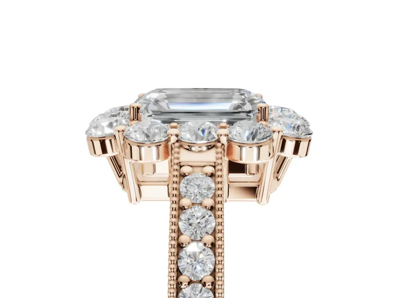 Emerald Cut Vintage Halo Engagement Ring Setting | Milgrain Channel Band | Rose Gold