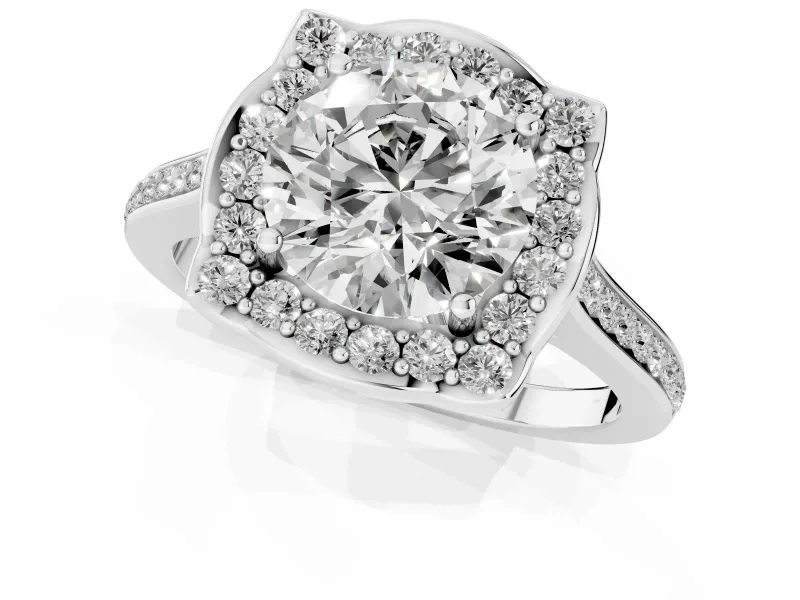Round Petal Tip Halo Engagement Ring Setting | Single Row Pavé Band | Platinum