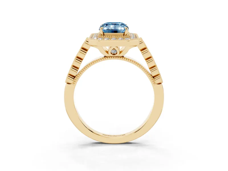 Emerald Cut Graduated Milgrain Halo Engagement Ring Setting for a Fancy Blue Lab-Grown Diamond | Yellow Gold