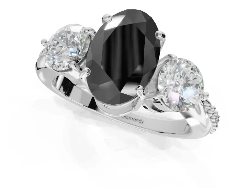 Fancy Black Oval Lab-Grown Diamond Three-Stone Ring Set in White Gold with Channel-Set Band and Prong Setting