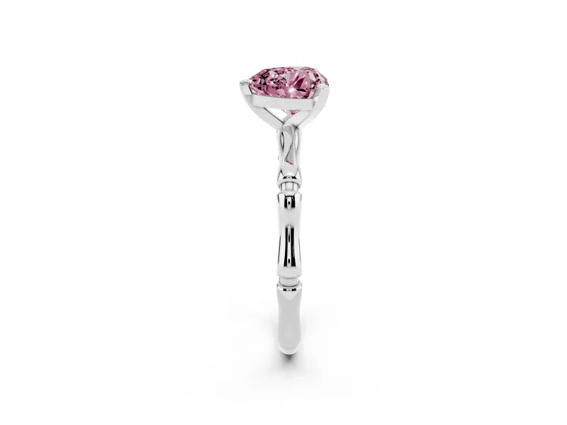 Fancy Pink Heart Cut Diamond Solitaire Ring Set in Silver with Bamboo Band and Prong Setting