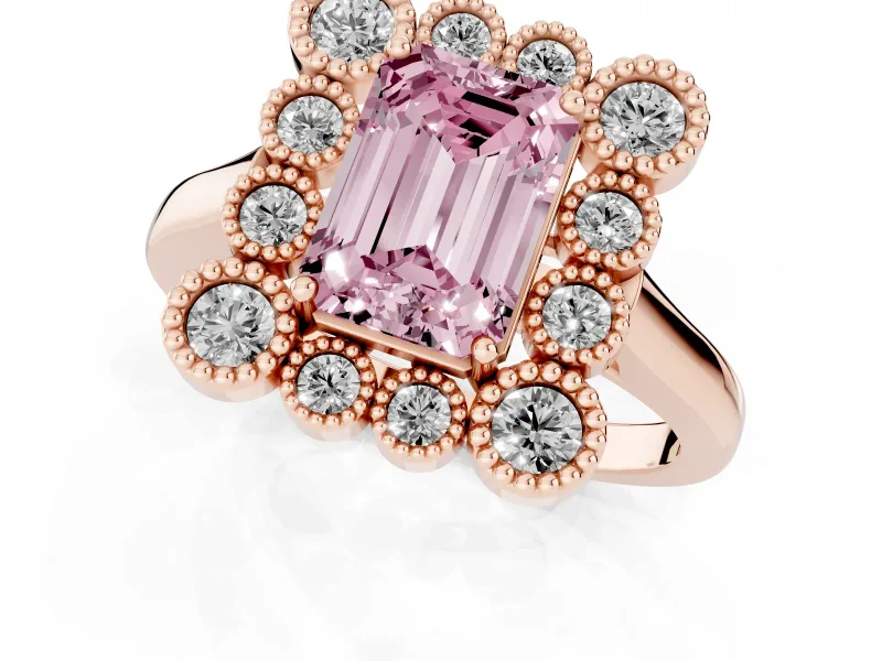 Emerald Cut Milgrain Cluster Halo Engagement Ring Setting for a Fancy Pink Lab-Grown Diamond | Plain Band | Rose Gold