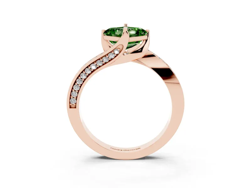 Fancy Green Asscher Cut Diamond Solitaire Ring Set in Rose gold with Intertwined Pavé Twist Band
