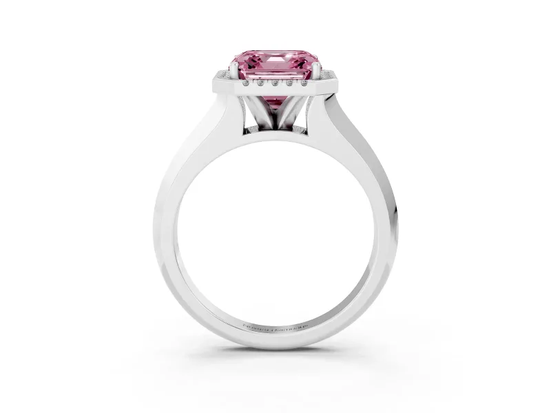 Fancy Pink Asscher Cut Diamond Halo Ring Set in Platinum with Cathedral Band and Prong Setting