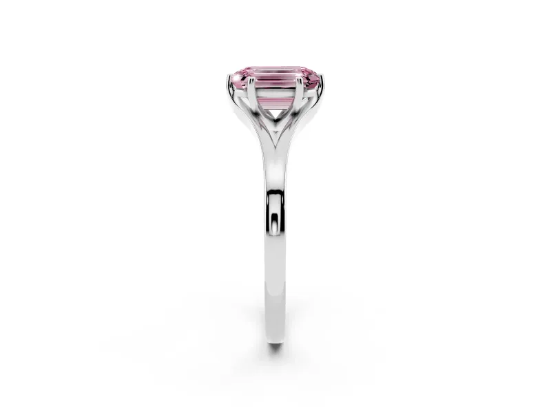 Fancy Pink Emerald Cut Diamond Solitaire Ring Set in Platinum with Polished Tapered Band and Prong Setting
