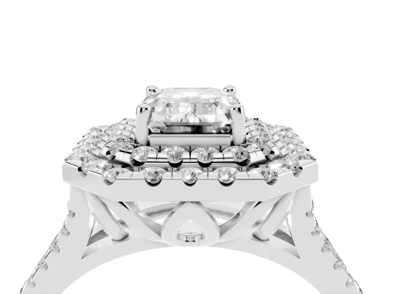 Emerald Cut Halo Split Shank Engagement Ring Setting | White Gold
