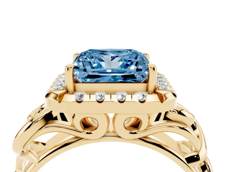 Fancy Blue Princess Cut Diamond Halo Ring Set in Yellow gold with Scrollwork Band and Prong Setting