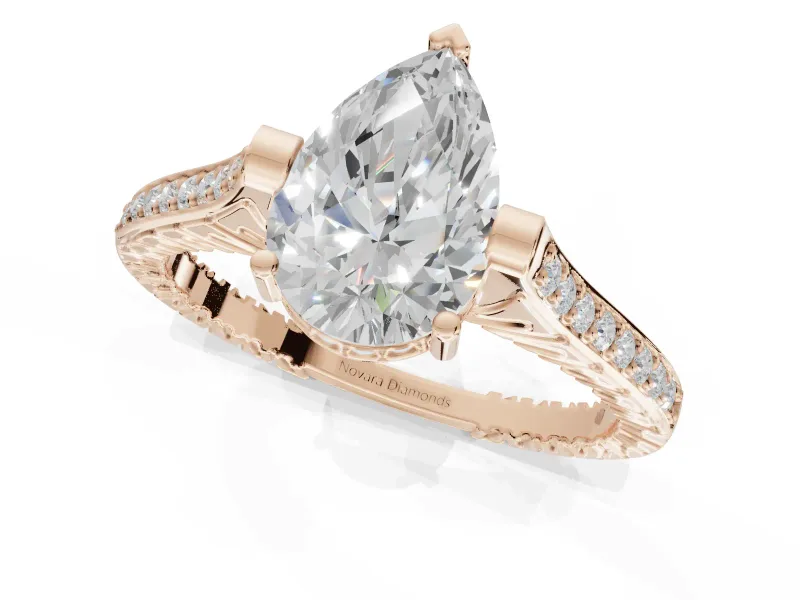 Pear-Shaped Vintage Cathedral Engagement Ring Setting | Carved Band | Rose Gold