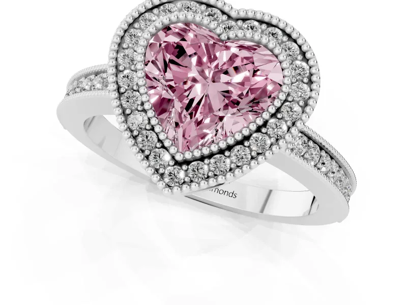 Heart-Shaped Double Milgrain Halo Engagement Ring Setting for a Fancy Pink Lab-Grown Diamond | Pave Band | Platinum