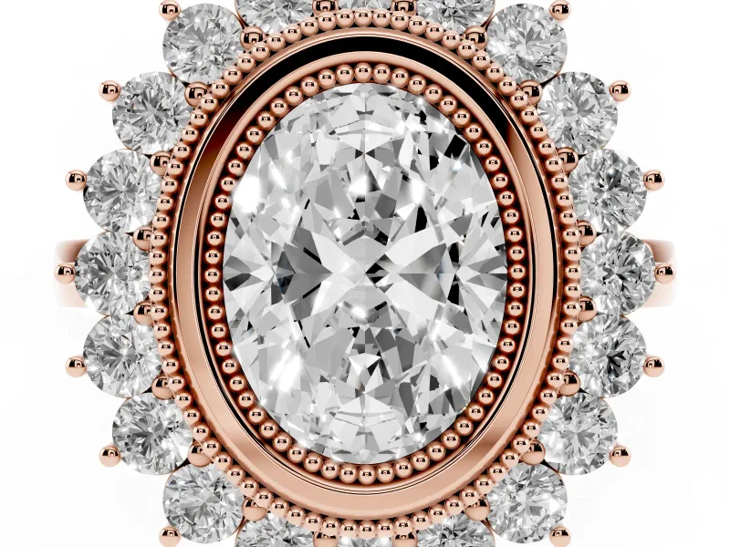 Oval Cut Diamond Halo Ring Set in Rose gold with Milgrain Edge and Round Prong Setting