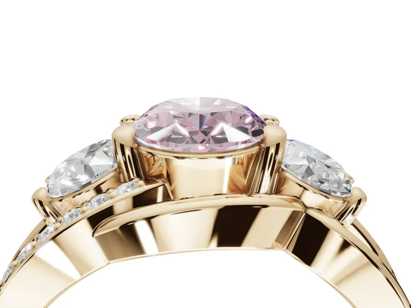 Oval Three Stone Split Shank Engagement Ring Setting for a Fancy Pink Lab-Grown Diamond | Matching Sides | Yellow Gold