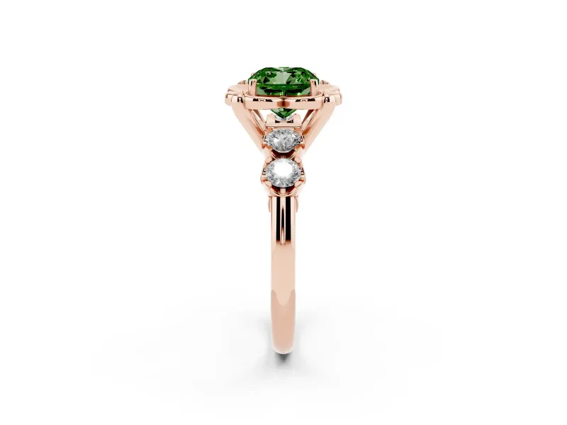 Cushion Cut Floral Engagement Ring Setting for a Fancy Green Lab-Grown Diamond | Petal Frame and Side Stones | Rose Gold