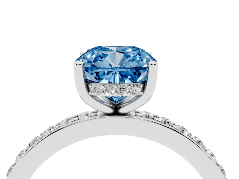 Fancy Blue Cushion Cut Diamond Pavé Band Ring Set in Silver with Prong-Set Center Stone