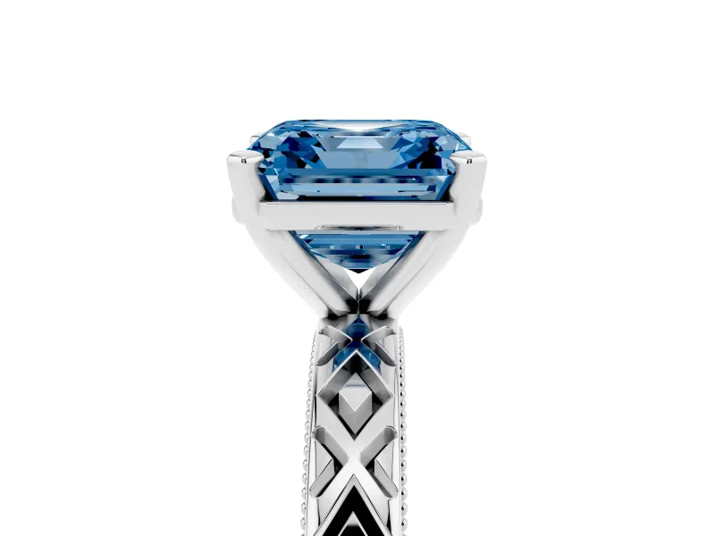 Fancy Blue Asscher Cut Diamond Solitaire Ring Set in White gold with Milgrain and Black Enamel X Pattern Band