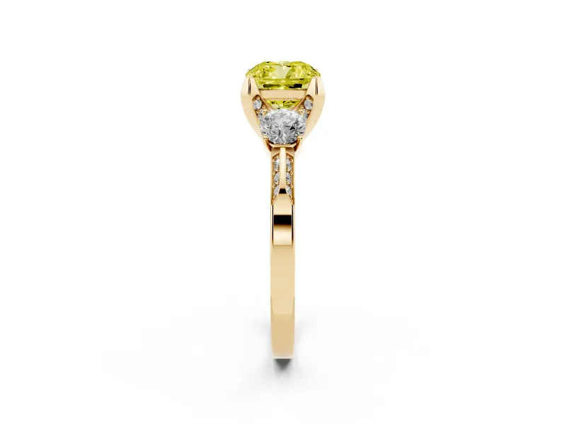 Cushion Cut Hidden Halo Three Stone Engagement Ring Setting for a Fancy Yellow Lab-Grown Diamond | Yellow Gold