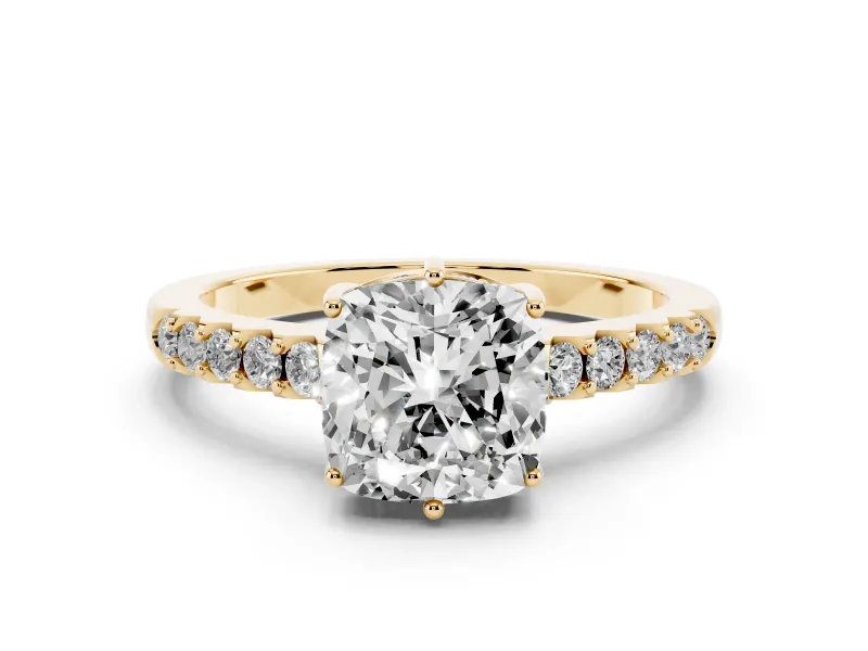 Cushion Cut Diamond Solitaire Engagement Ring Set in Yellow gold with Pavé Band and Prong Setting