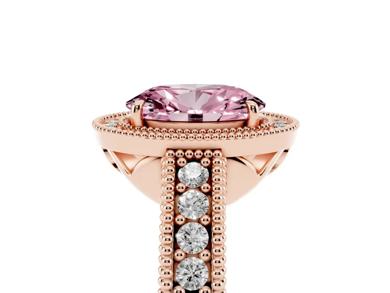 Fancy Pink Oval Cut Diamond Halo Ring Set in Rose gold with Round Accent Halo, Pavé Band and Prong Setting