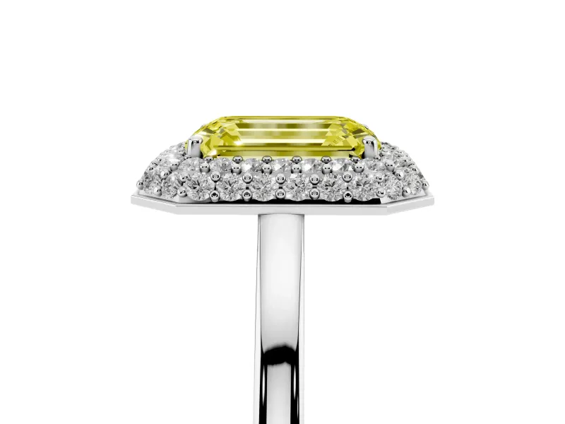 Emerald Cut Pave Halo Engagement Ring Setting for a Fancy Yellow Lab-Grown Diamond | Slim Plain Band | Sterling Silver