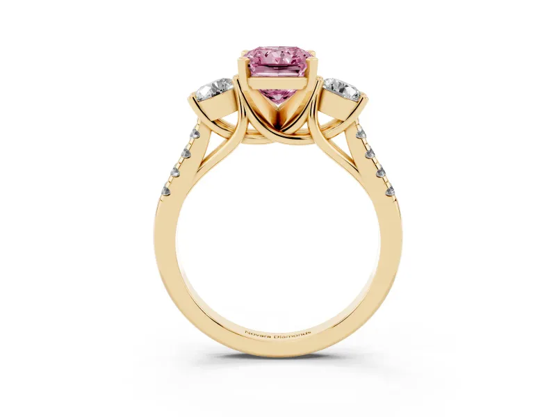 Fancy Pink Three-Stone Radiant Cut Diamond Pavé Band Ring Set in Yellow gold with Prong-Set Trio