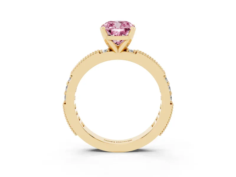 Fancy Pink Cushion Cut Diamond Solitaire Ring Set in Yellow gold with Slim Pavé Band and Prong Setting