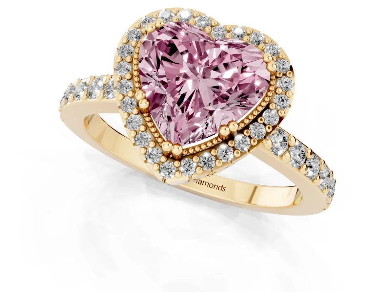 Fancy Pink Heart Cut Diamond Halo Engagement Ring Set in Yellow gold with Milgrain Detail and Pavé Band