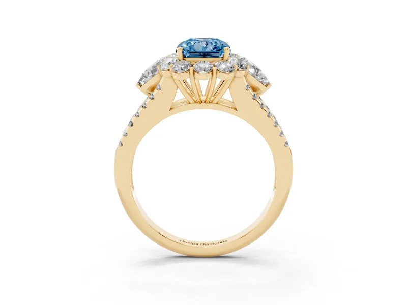 Radiant Cut Scalloped Halo Engagement Ring Setting for a Fancy Blue Lab-Grown Diamond | Pear Side Stones | Yellow Gold