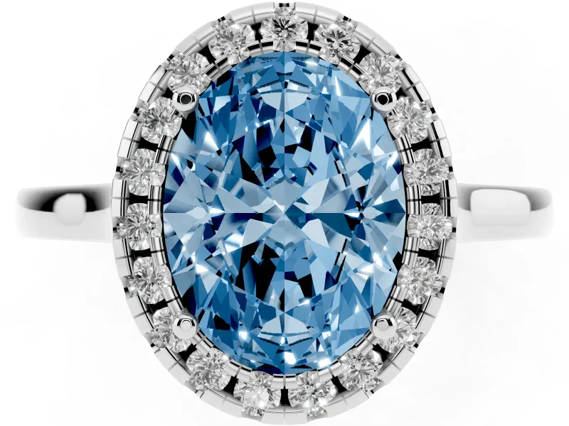Fancy Blue Oval Cut Halo Round Diamond Solitaire Ring Set in White gold with Pavé Band and Prong Setting