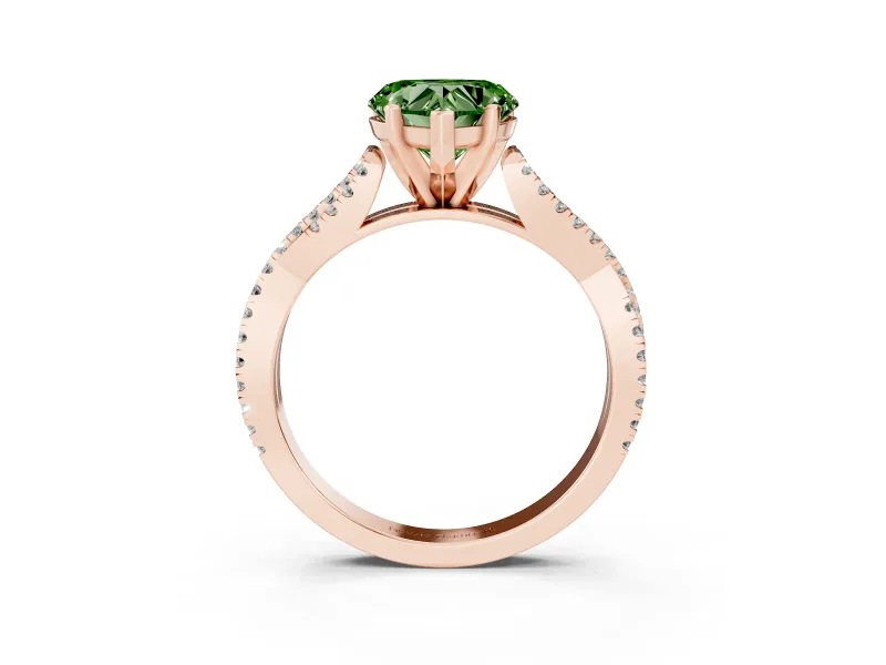 Fancy Green Heart Cut Diamond Solitaire Engagement Ring Set in Rose gold with Twisted Pavé Band and Prong Setting