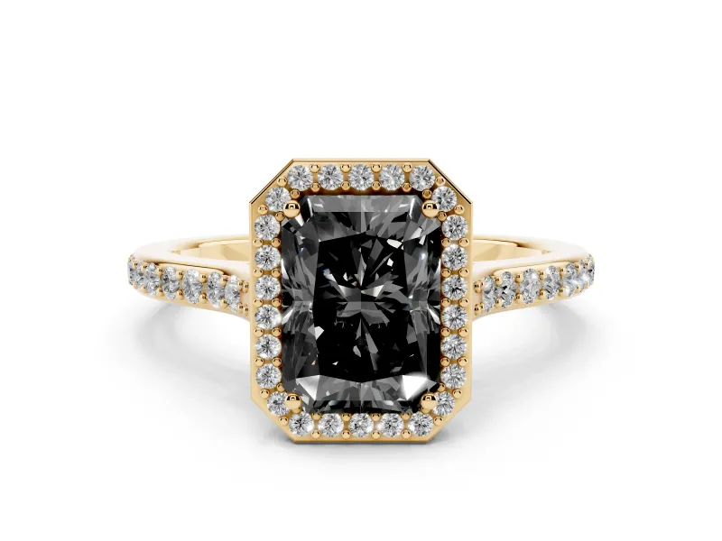Fancy Black Radiant Cut Diamond Halo Engagement Ring Set in Yellow gold with Round Pavé Shoulders and Heart Gallery