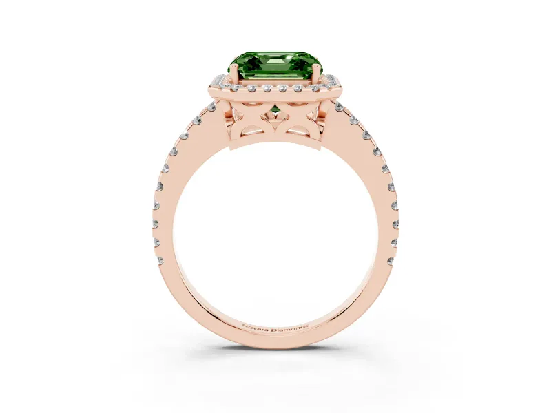Asscher Cut Pave Halo Engagement Ring Setting for a Fancy Green Lab-Grown Diamond | Rose Gold