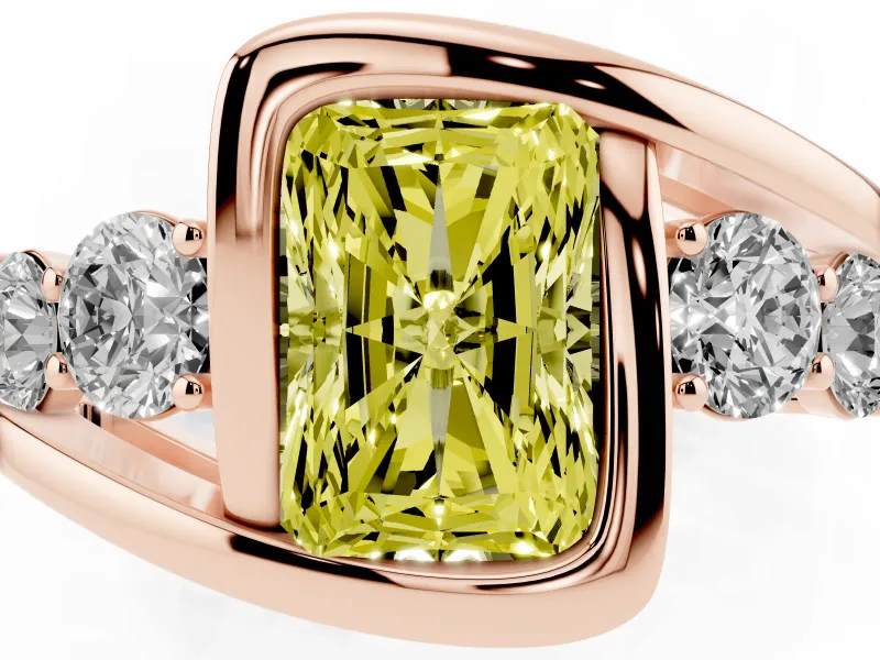 Fancy Yellow Radiant Cut Diamond Bezel Bypass Ring Set in Rose gold with Round Accents