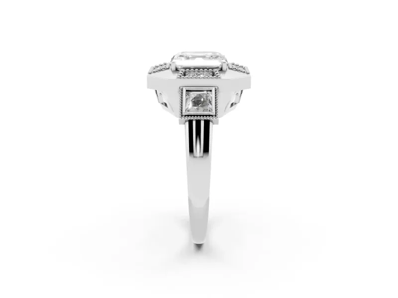 Asscher Cut Diamond Milgrain Halo Ring Set in Silver with Split Shank