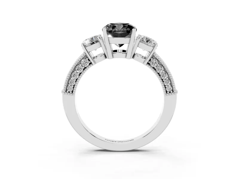 Fancy Black Cushion Cut Diamond Three-Stone Ring Set in Platinum with Round Side Stones and Pavé Band